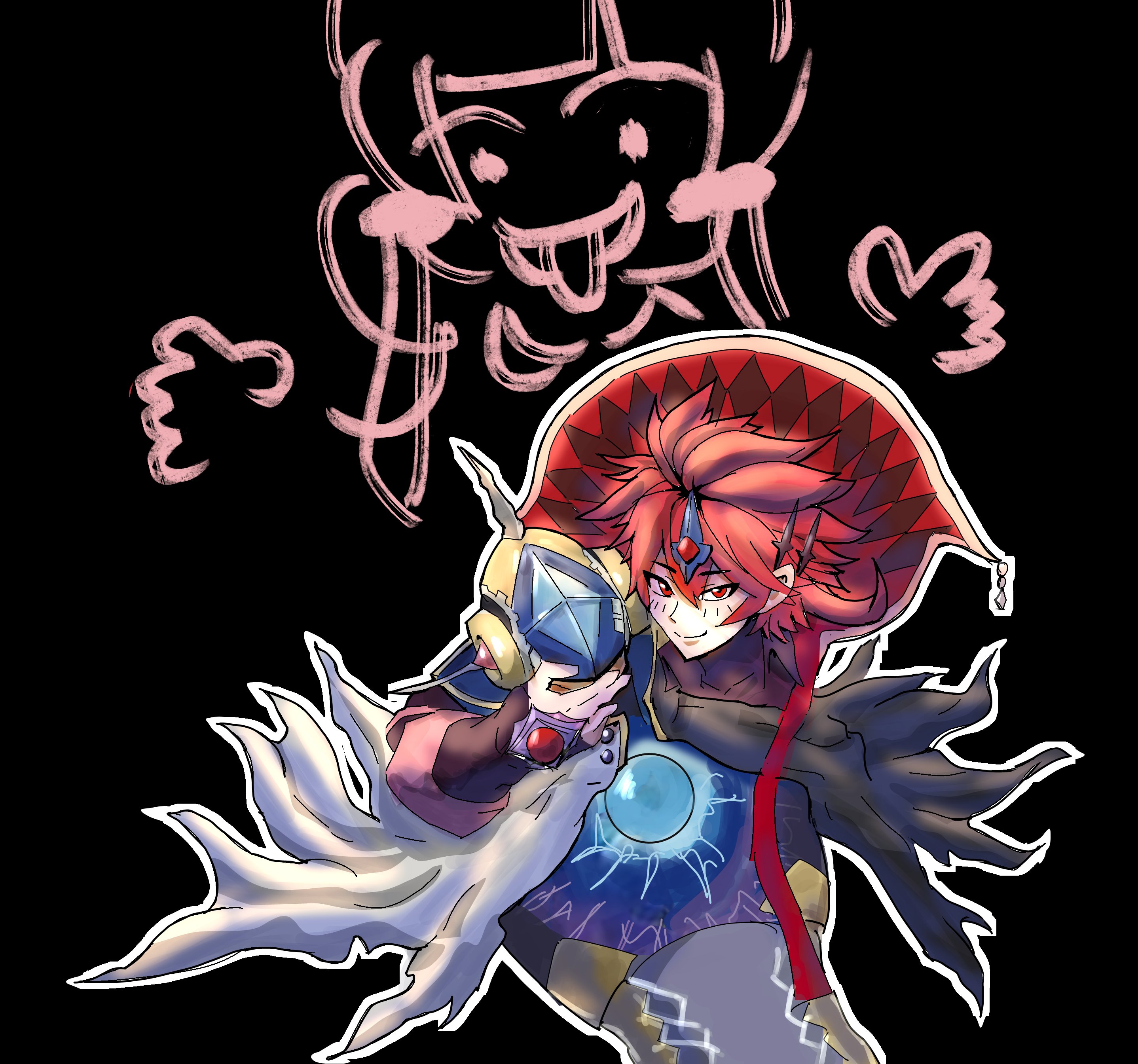 Fanart of Aluber, the Jester of Despia and Mekk-Knight Blue Sky, the icons used by Asixa and Bionic respectively during Rosemi's stream on 22 January 2024. By ダミアン大好き🌹(@damiandaisuki)